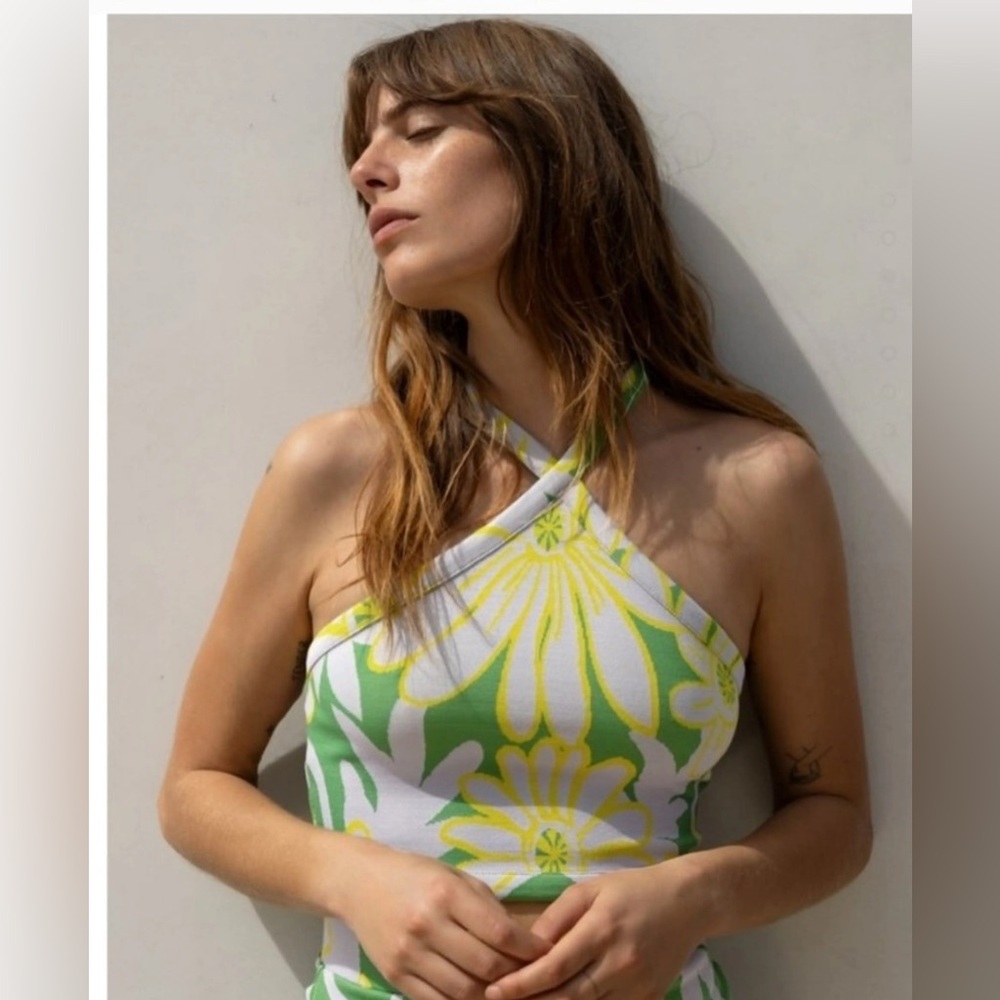 Zara Green Floral Halter Crop Top